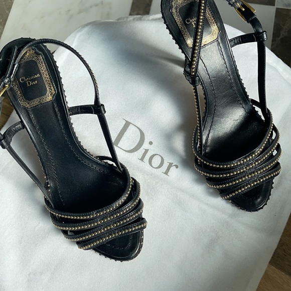Authentic Dior black leather with gold studs heel sandals - Picture 11 of 14